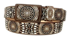 MEN'S AZTEC CALENDAR WESTERN LEATHER BELT. CINTO VAQUERO CALENDARIO AZTECA