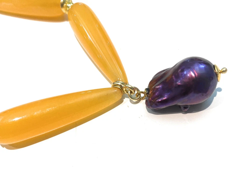 Collana choker agata gialla gocce ciondolo perla barocca viola argento sterling - Immagine 2 di 3