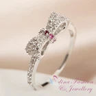 18K White Gold Plated Made With SWAROVSKI Crystal Pink Silver Bow-knot Ring