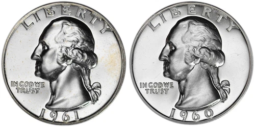1960 + 1961 25C US Silver Proof Washington Quarter Two Coin Lot