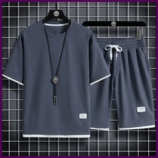 Men  s Summer Sports Set Casual T-Shirt and Shorts Waffle Solid Color Outfit