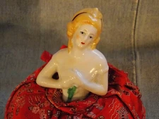 Antique Pin Cushion Half Porcelain Doll Red Dress