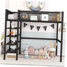 Full Size Metal Loft Bed with 4-Tier Shelves and Storage,Heavy Duty Black-full