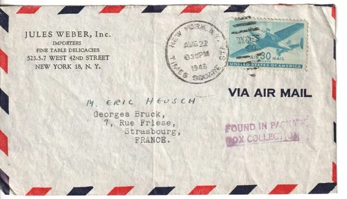 US 1946 NY Airmail cover to France  FOUND IN PACKAGE BOX COLLECTION