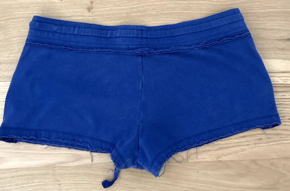 Vtg Y2k Low Rise Sweatpants Shorts L Raw Hem Blue Satin Detail Bodycon Preppy - Image 4 of 4