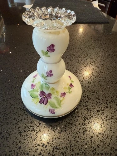 1970s Fenton White Milk Glass Ruffled Silver Crest Candle Holder Stick Floral 5”