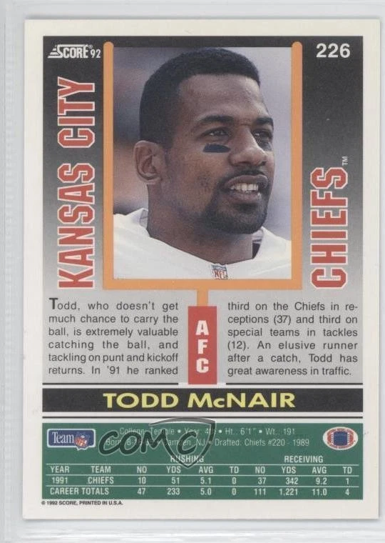 1992 Score Todd McNair #226 - Image 2 of 2