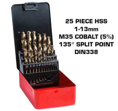 Motamec 25-teiliges Kobalt M35 HSS Bohrer Set 1-13 mm Bit hochwertig DIN 338