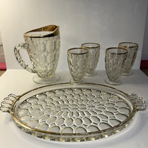 VTG c1950 JEANETTE THUMBPRINT GOLD TRIM  PITCHER with 4 GLASSES and TRAY