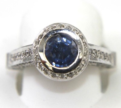 Natural Round Blue Sapphire & Diamond Bezel Lady's Ring 18k White Gold 2.75Ct
