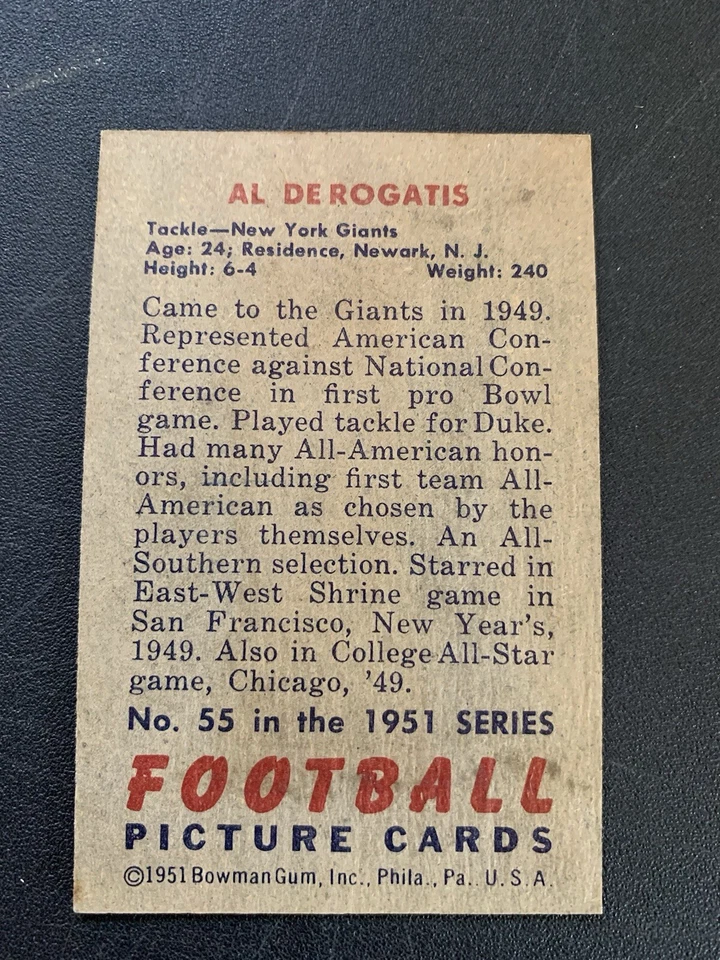 Al De Rogatis 1951 Bowman NFL Card # 55 Giants Ex - Image 2 of 2