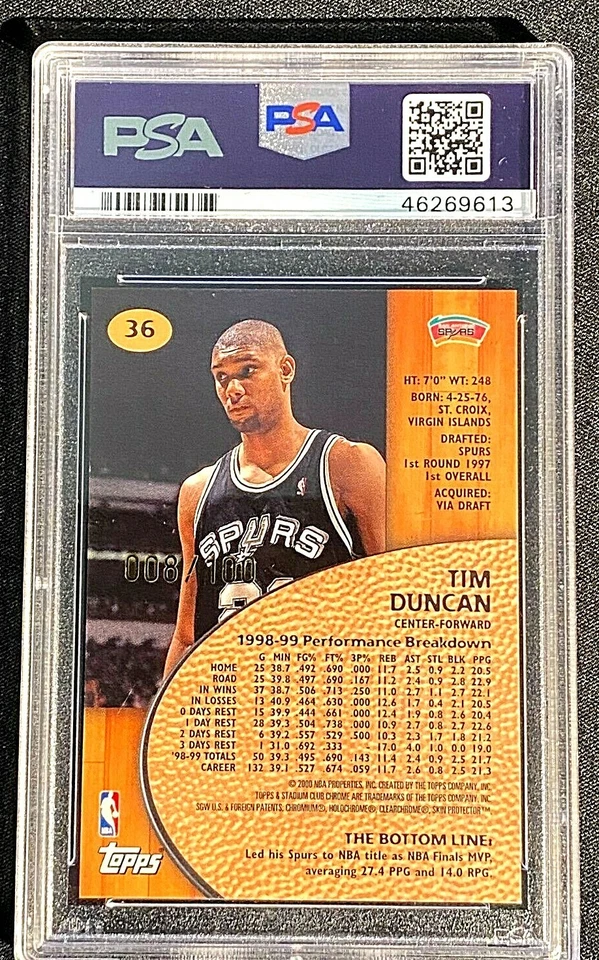 VHTF CHROME PARALLEL /100 PSA 9 MINT TIM DUNCAN 1999 TOPPS FIRST DAY ISSUE G2273 - Image 2 of 3