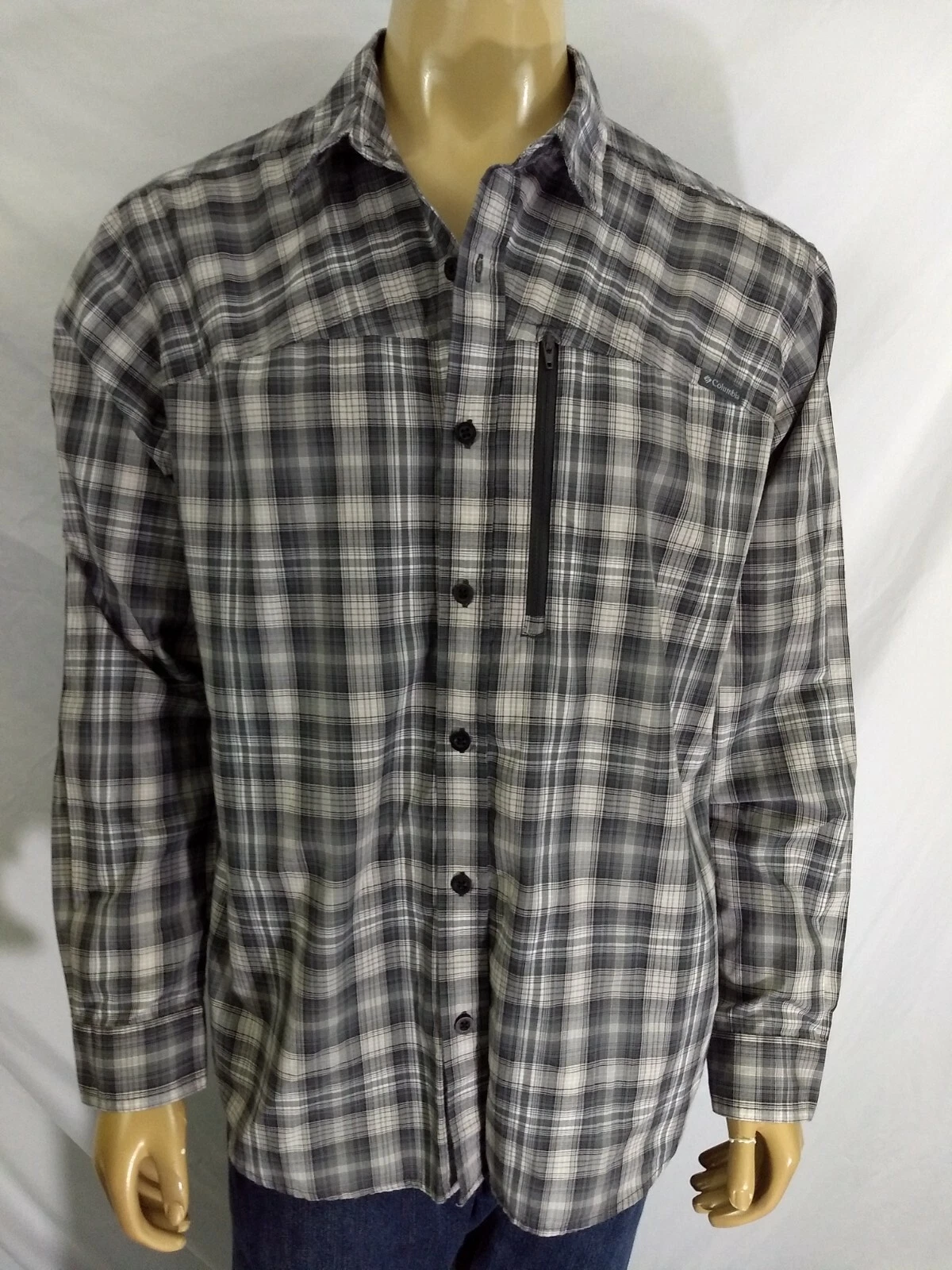COLUMBIA Sportswear Camping Outdoors Casual LS Shirt Mens L Grey Black Plaid