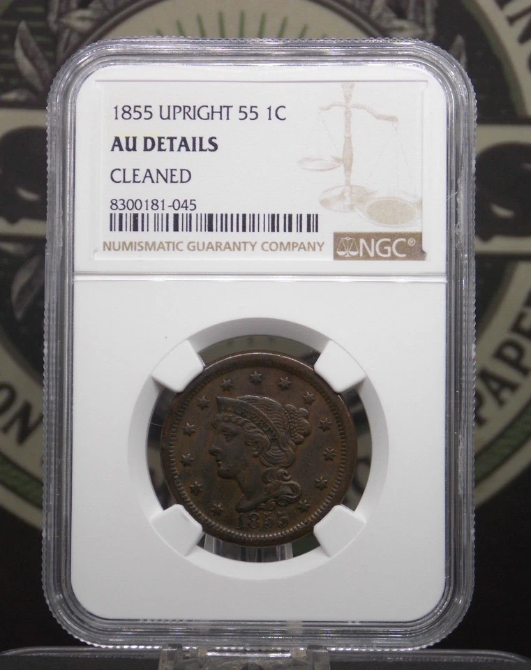 1855 Braided Hair Large Cent *UPRIGHT 55* 1c NGC AU Details #045 About Unc ECC&C - Image 3 of 4