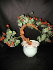 Vintage Chinese Bonsai Jade Tree 13.5" Tall Hand Carved Fruit Berries Feng Shui