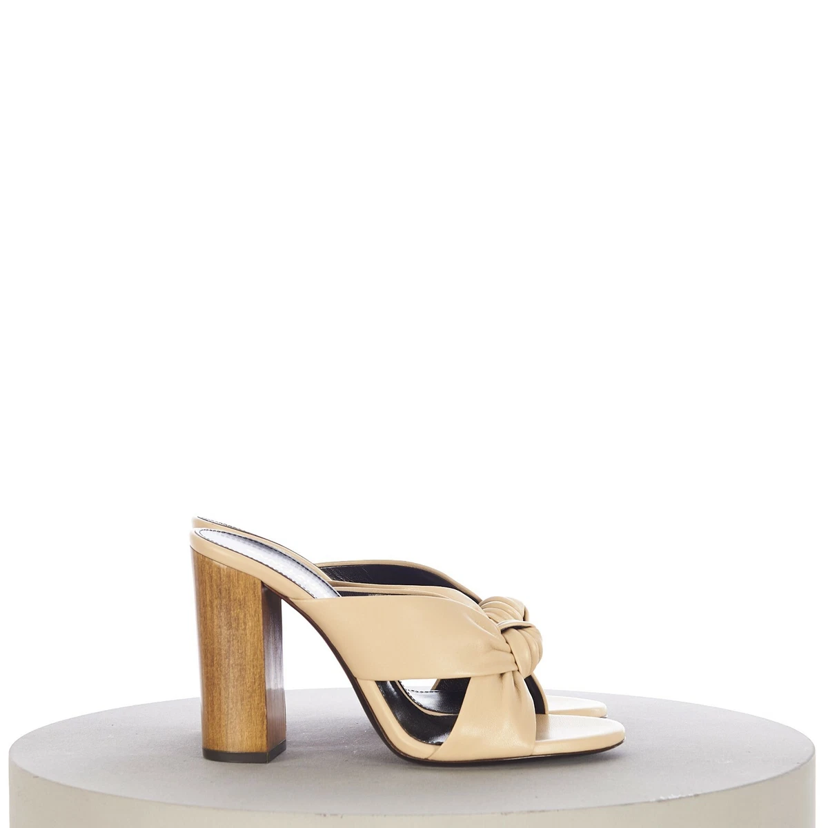 SAINT LAURENT 695 Beige Bianca Mules Smooth Leather Wooden Block Heels