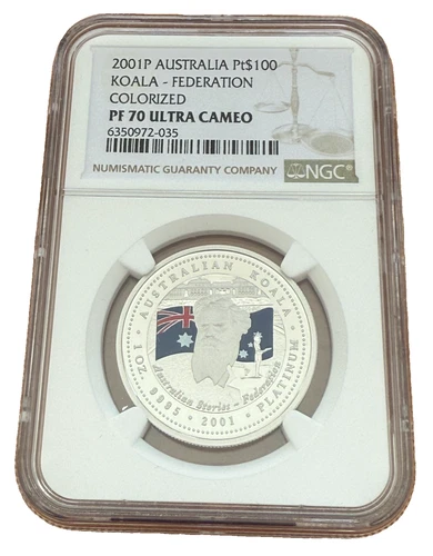 Australia 2001P Platinum 1 oz $100 NGC PF70UC Koala - Federation Colorized