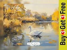 Tranquil Swan in an Autumn Lake, Impasto Painting Print 5"x7" on Matte Paper