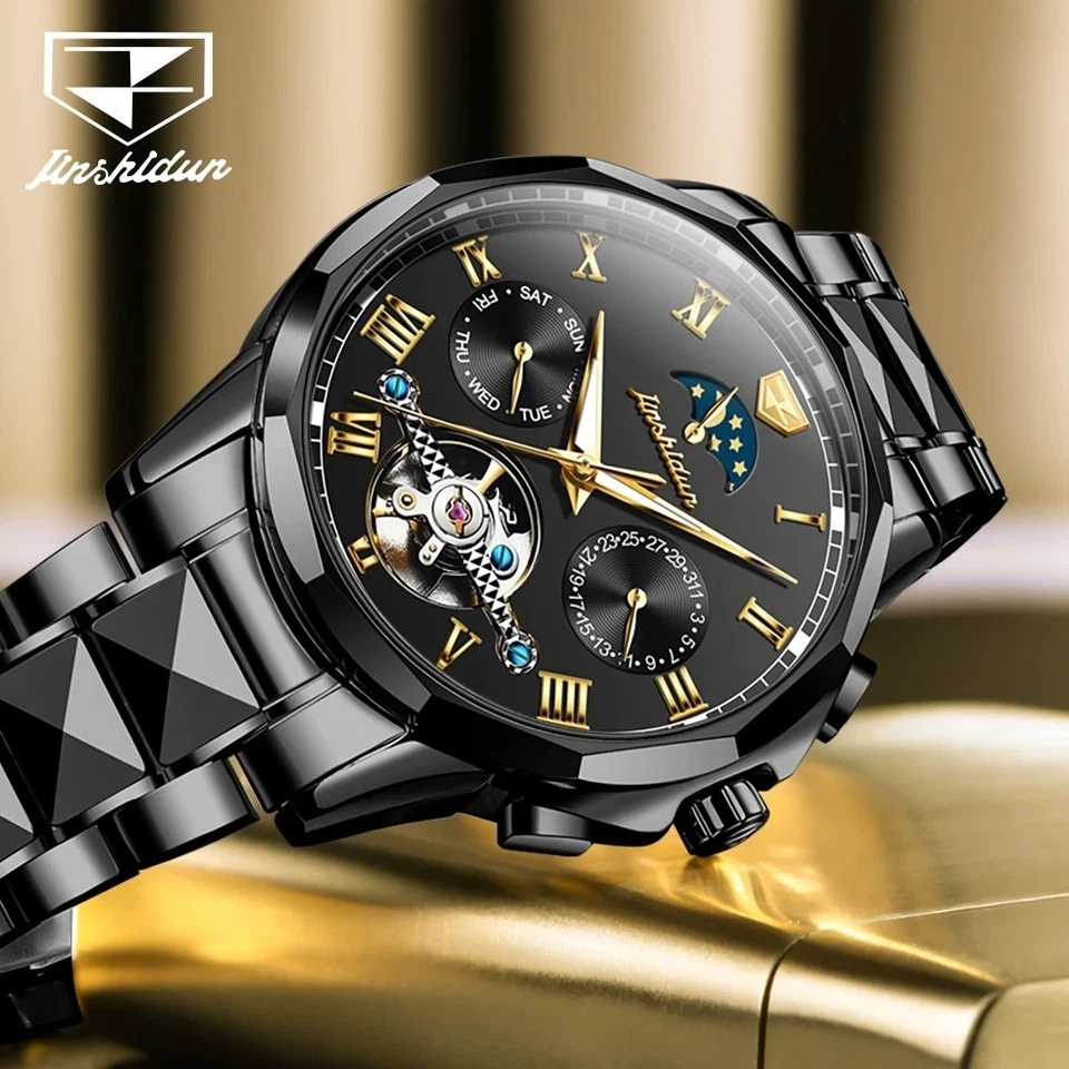 Reloj Mecánico Automático Impermeable Fase Lunar Lujo Hombre Hombre Dial Correa Foto 3 de 4