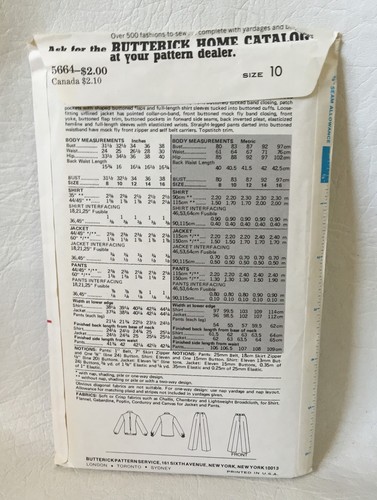 Butterick Schnittmuster 5664 Größe 10 UNCUT Misses Shirt Jacke Hose - Bild 2 von 2