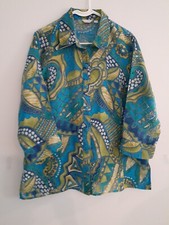  Erin London Artsy Floral Blouse Watercolor Button Up L Semi Sheer Boho SALE 