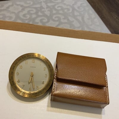 VTG RARE GUARDIER Swiss World Time 8 Day Travel Alarm Clock w/leather Case 75mm