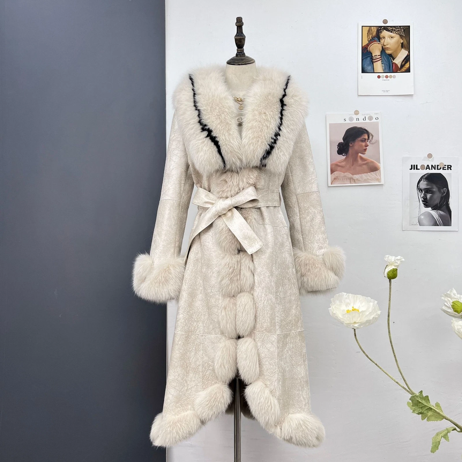 OFF WHITE Parka soprabito donna vera pelliccia di volpe collo grande risvolto foderato pelliccia di coniglio