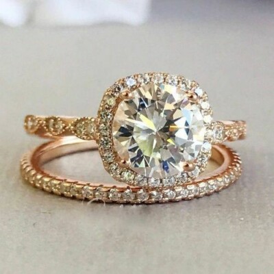 3.20 CT Round Lab-Created Diamond Halo Engagement Ring Set 14K Rose Gold Over