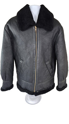Calafate Sheepskin Heavy Leather Shearling B-3 Bomber Aviator Jacket Black S / M