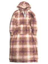 Womens Soft Plush Brown & Pink Plaid Chemise Hoodie Nightgown Night Gown