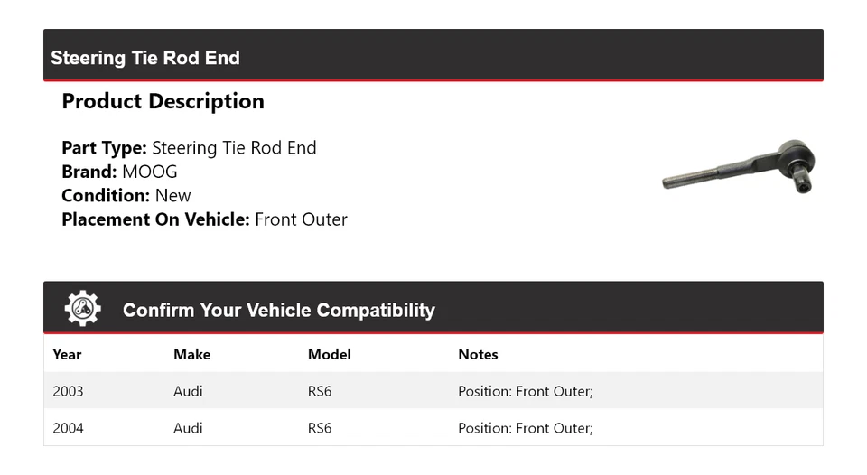 Para Audi RS6 2003-2004 extremo de barra de dirección delantero exterior MOOG Foto 2 de 4