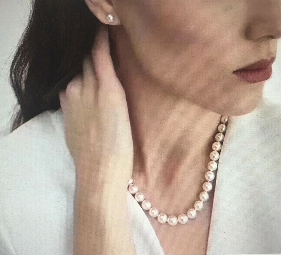 Genuino Conjunto de Pendientes Collar de Perlas Blancas Redondas 9-10mm Cultivadas Agua Dulce  Foto 3 de 4