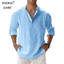 Men Casual Shirt Long Sleeve Cotton Linen Beach T Shirt Lightweight NEW T Shirt