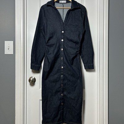 Zara Dark Wash Denim Snap Button Ruched Midi Shirt Dress 90s Minimalist Style