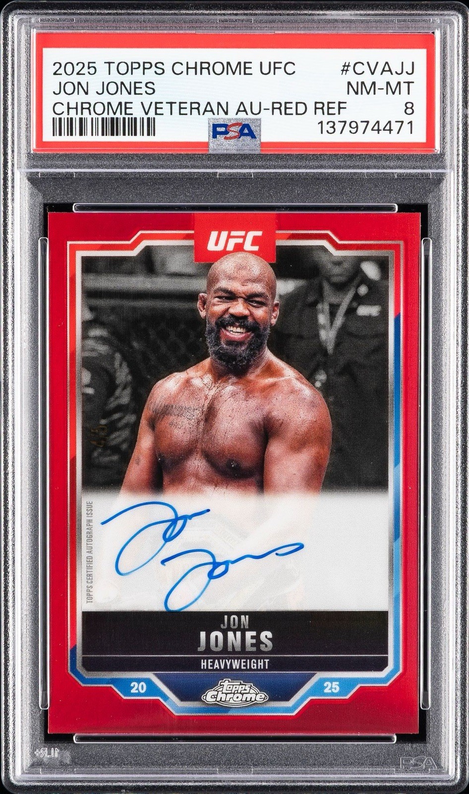 2025 Topps Chrome UFC Jon Jones Veteran Auto Red Refractor /5 #CVAJJ PSA 8 view 1