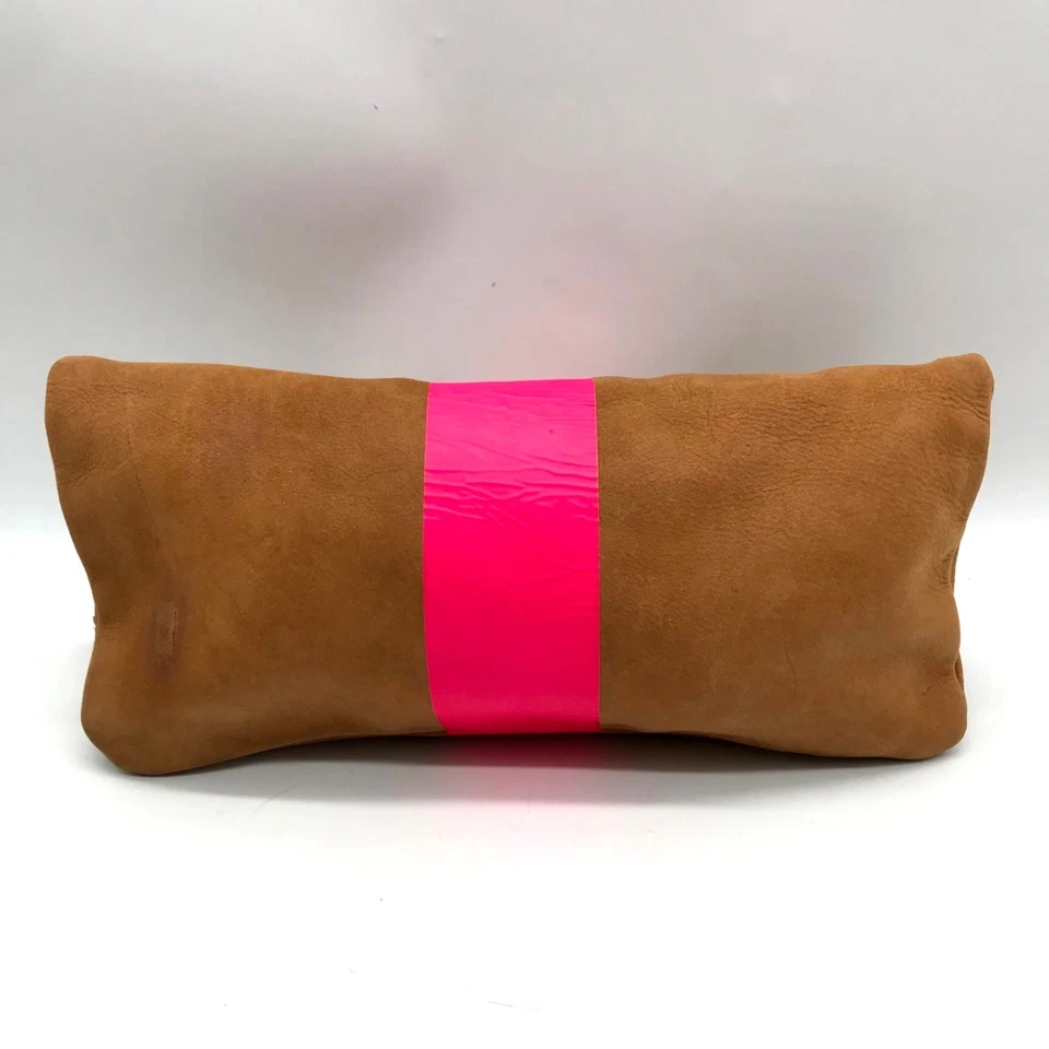 Clare V Camel Brown Leather With Pink Stripe Foldover Clutch - Image 2 of 4