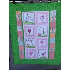 Vintage Patchwork Baby Blanket Green Pink Stork Heart Bunny Quilt Nursery 46x52