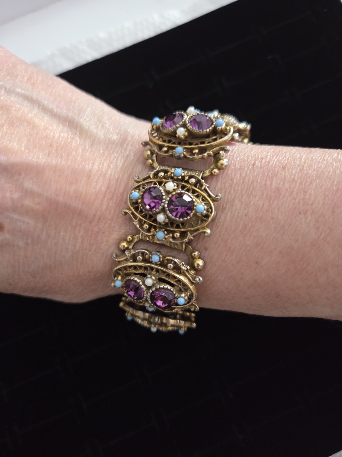 Vintage Victorian Revival Gold Tone Book Chain Bracelet Amethyst Rhinestone 7.25