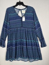 Sadie Robertson Dress Womens Medium Boho Bell Sleeve Geometric Rayon Wild Blue