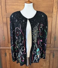 Vintage Beaded Sequin Silk Top Laurence Kazar 2X New Year NYE Plus Size Y2K 2000