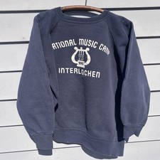 True Vintage 60s 70s Crewneck Sweatshirt Gusset Flock Music Camp Art Large Blue