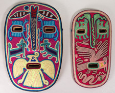 Pair of Vintage Huichol Mexican Yarn Mask Paintings, 11.5"H and 10.25"H