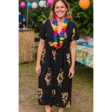 Hibiscus Collection Hawaii Dress Womens M Black Beige Rayon Tropical Summer