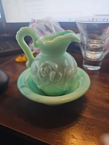 Vintage Avon Green Swirl Milk Glass Pitcher and Bowl