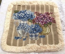 C F Entr Blue Hydrangea Cream Fringe Wool Needlepoint Pillow Cover 13x13  NWT