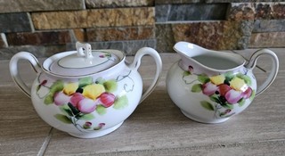 Nippon Vintage Hand Painted Sugar Bowl with lid and Creamer Set with Gold trim