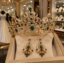 Gold Tone Metal Crown Tiara with Green Rhinestones and Matching Earrings Set