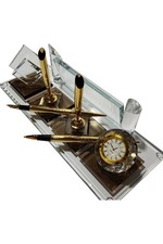 Crystal Desk Pen Holder with Name Plate Office Table Organizer Decor