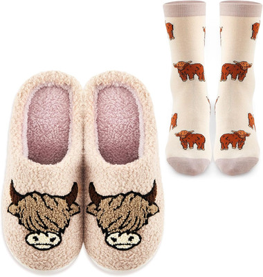 Highland Kuh Geschenke für Frau, Highland Kuh flauschige Hausschuhe weiche Thermosocken für
