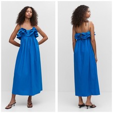 Mango Cobalt Blue Long Maxi Dress Ruffles Size Small Babydoll Preppy Art Chic